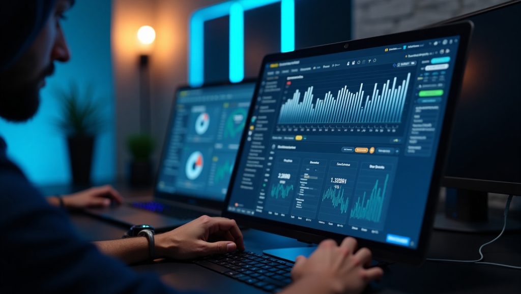 A person analyzing e-sports betting data and charts on multiple screens in a dark, modern workspace.