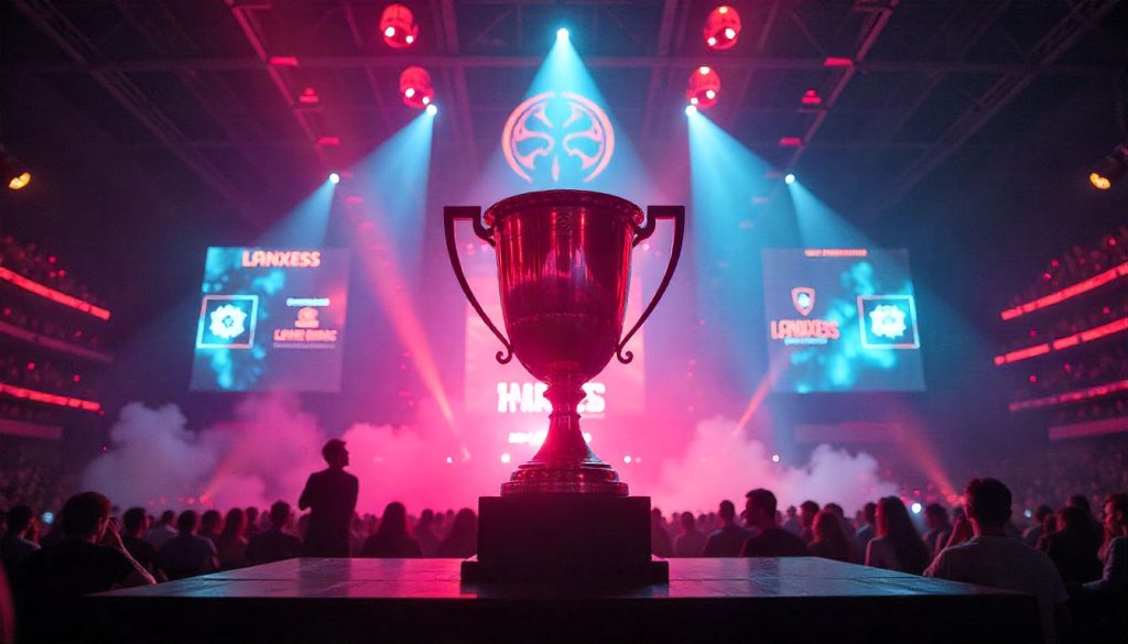 Epic cinematic photo of the massive, glowing IEM Cologne trophy standing in the center of the LANXESS Arena stage.
