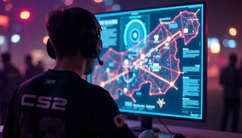 A dark, moody shot from behind a professional cs2 esports player wearing a team jersey and headphones.